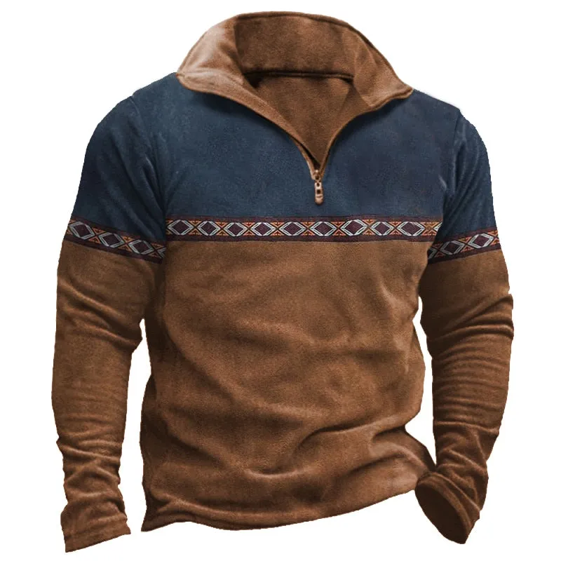 West Louis Retro Stand Collar Printed Patchwork Sweatshirt