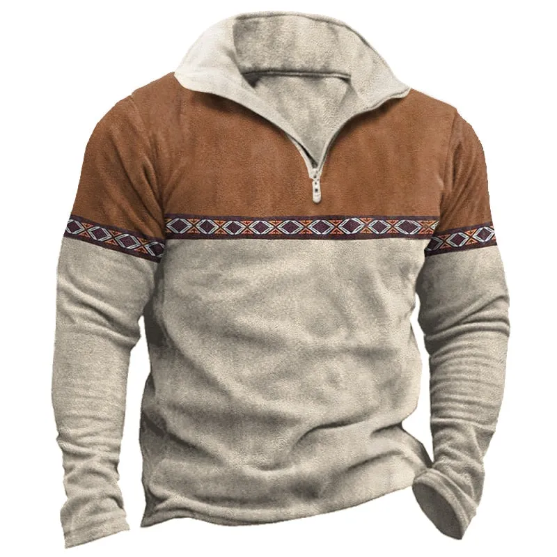 West Louis Retro Stand Collar Printed Patchwork Sweatshirt