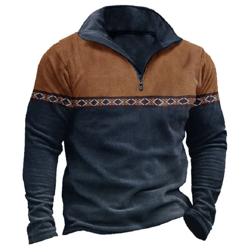 West Louis Retro Stand Collar Printed Patchwork Sweatshirt