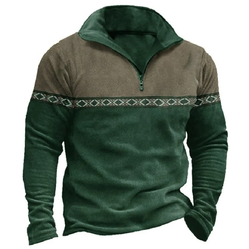 West Louis Retro Stand Collar Printed Patchwork Sweatshirt
