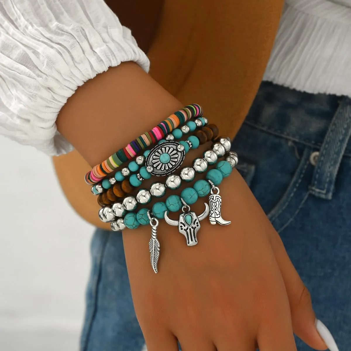 Western Bracelets for Women Cowgirl Turquoise Beaded Stretch Bracelets Vintage Turquoise Beaded Western Jewelry Bohemian Stackable Bracelet Country Concert Cowgirl Dresses Accessories