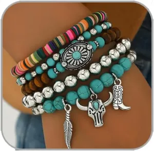 Western Bracelets for Women Cowgirl Turquoise Beaded Stretch Bracelets Vintage Turquoise Beaded Western Jewelry Bohemian Stackable Bracelet Country Concert Cowgirl Dresses Accessories