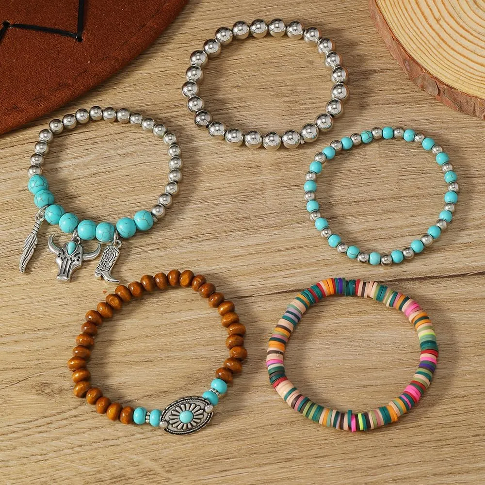 Western Bracelets for Women Cowgirl Turquoise Beaded Stretch Bracelets Vintage Turquoise Beaded Western Jewelry Bohemian Stackable Bracelet Country Concert Cowgirl Dresses Accessories