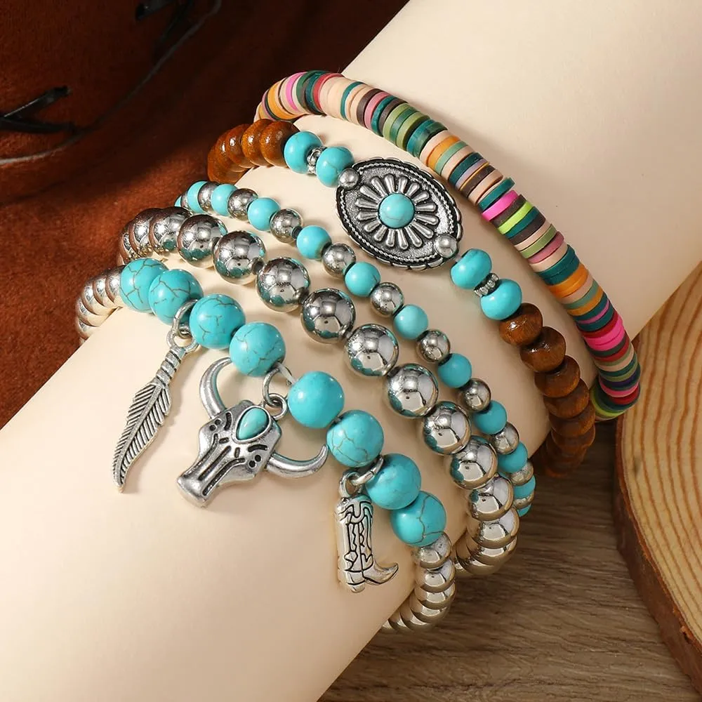 Western Bracelets for Women Cowgirl Turquoise Beaded Stretch Bracelets Vintage Turquoise Beaded Western Jewelry Bohemian Stackable Bracelet Country Concert Cowgirl Dresses Accessories