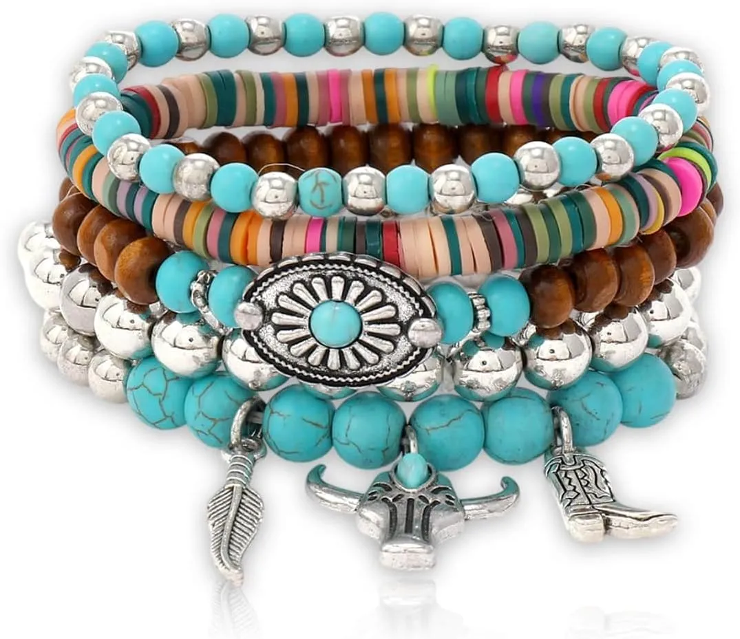 Western Bracelets for Women Cowgirl Turquoise Beaded Stretch Bracelets Vintage Turquoise Beaded Western Jewelry Bohemian Stackable Bracelet Country Concert Cowgirl Dresses Accessories