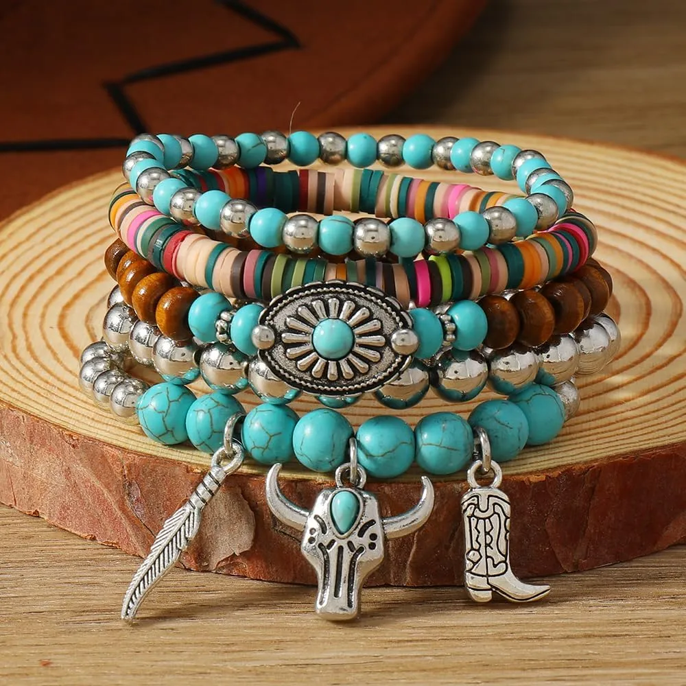 Western Bracelets for Women Cowgirl Turquoise Beaded Stretch Bracelets Vintage Turquoise Beaded Western Jewelry Bohemian Stackable Bracelet Country Concert Cowgirl Dresses Accessories