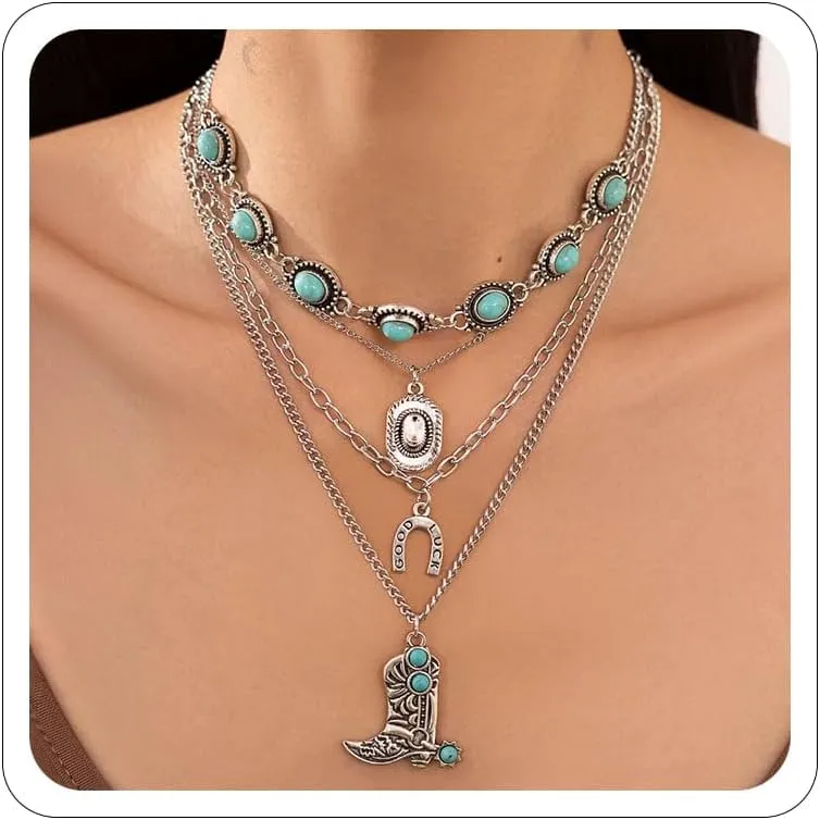 Western Necklaces for Women Country Concert Outfits Boho Turquoise Necklace Cowgirl Cowboy Layered Necklace Bohemian Vintage Country Accessorie