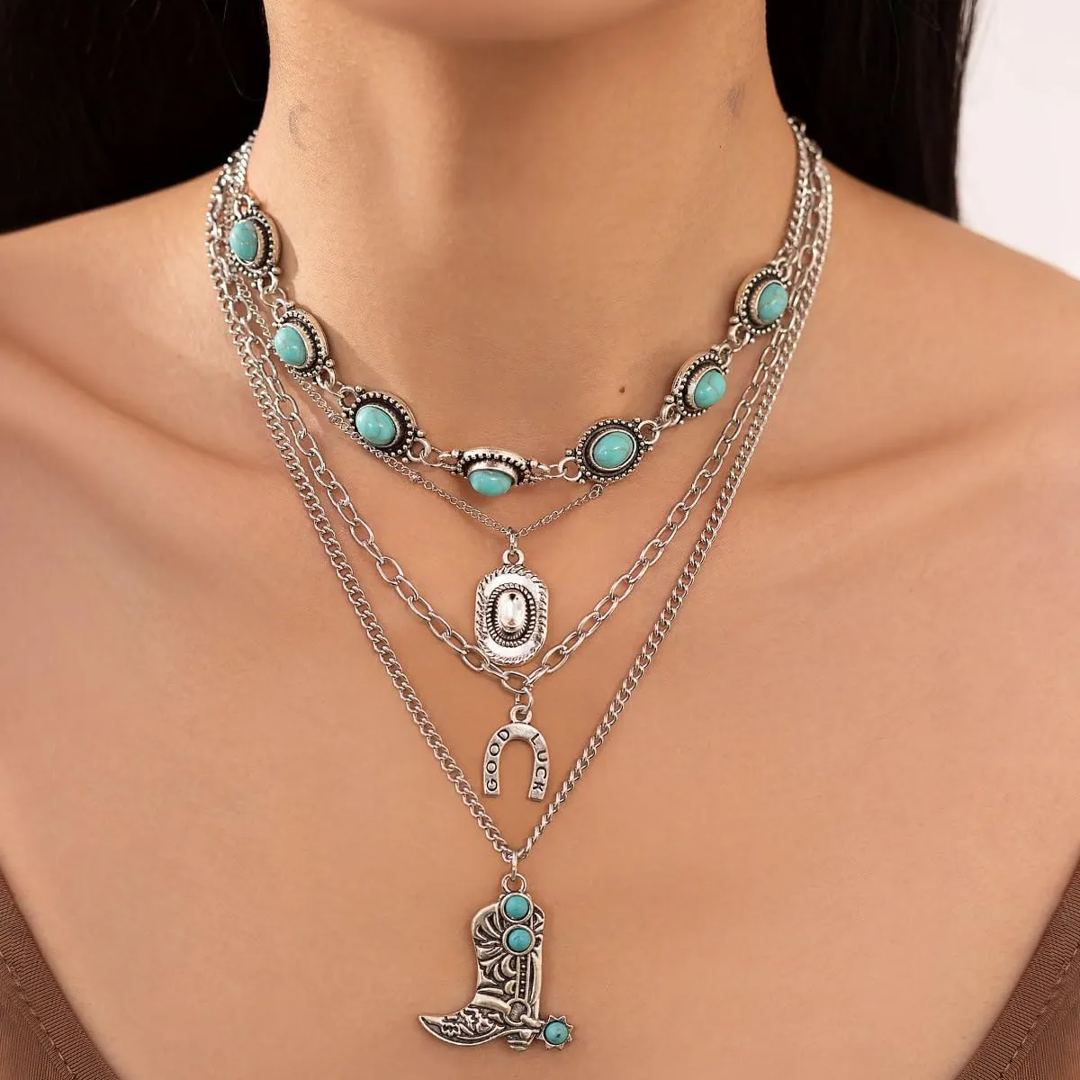 Western Necklaces for Women Country Concert Outfits Boho Turquoise Necklace Cowgirl Cowboy Layered Necklace Bohemian Vintage Country Accessorie