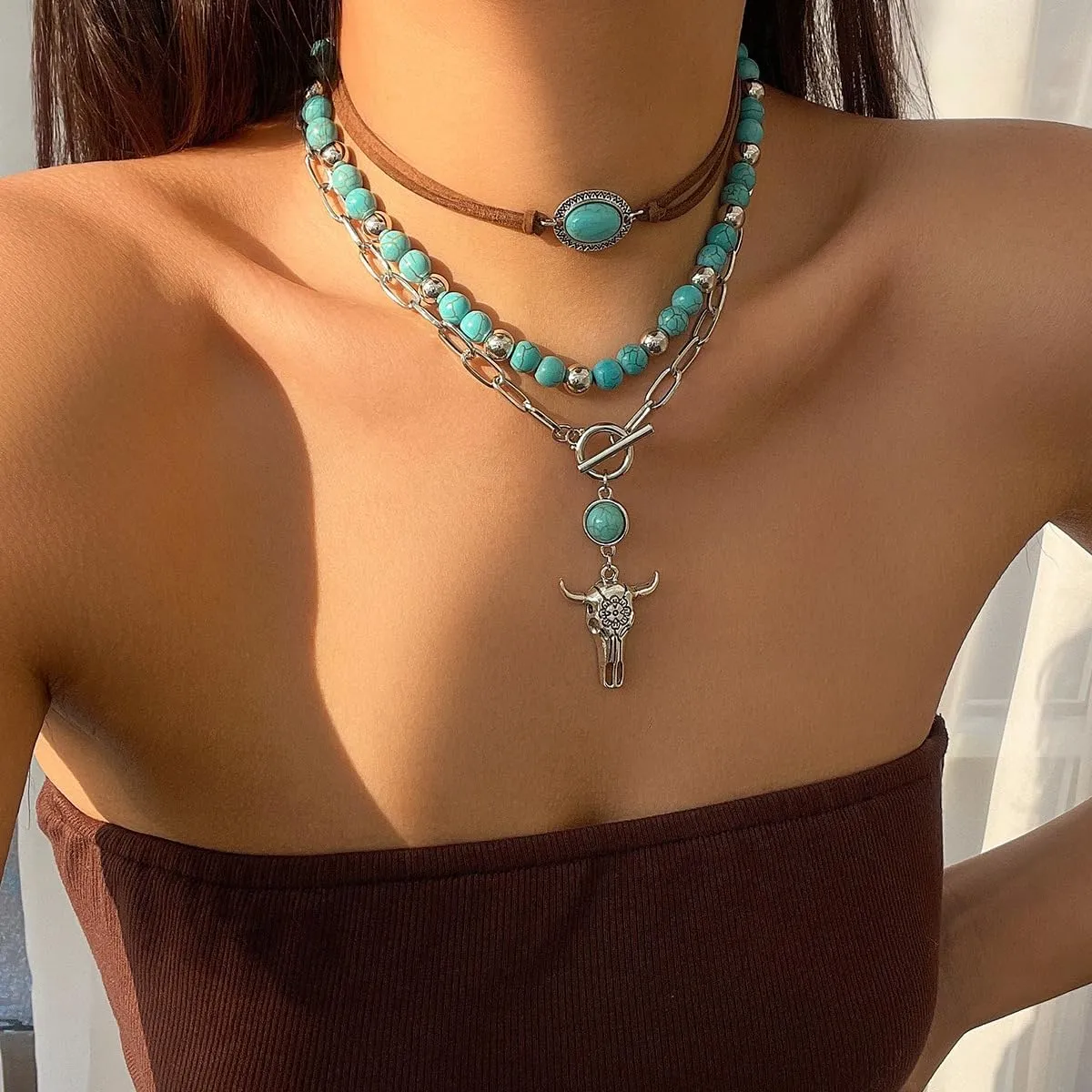 Western Turquoise Necklaces for Women Vintage Turquoise Beaded Western Necklaces Western Cactus Cross Pendant Necklaces Layered Turquoise Necklace Country Concert Cowgirl Costume Jewelry