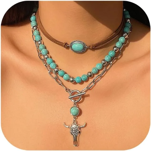 Western Turquoise Necklaces for Women Vintage Turquoise Beaded Western Necklaces Western Cactus Cross Pendant Necklaces Layered Turquoise Necklace Country Concert Cowgirl Costume Jewelry