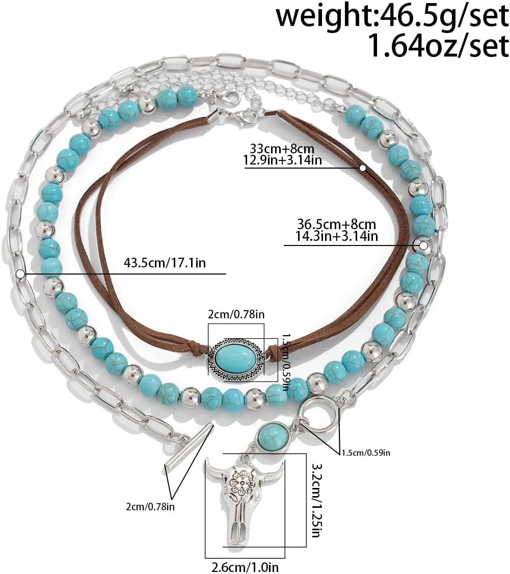 Western Turquoise Necklaces for Women Vintage Turquoise Beaded Western Necklaces Western Cactus Cross Pendant Necklaces Layered Turquoise Necklace Country Concert Cowgirl Costume Jewelry