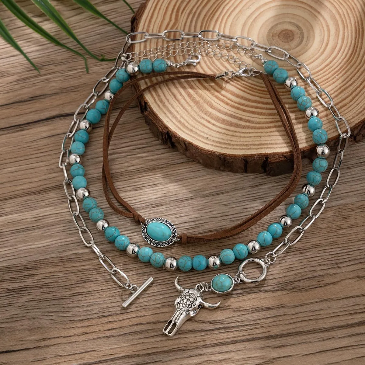 Western Turquoise Necklaces for Women Vintage Turquoise Beaded Western Necklaces Western Cactus Cross Pendant Necklaces Layered Turquoise Necklace Country Concert Cowgirl Costume Jewelry