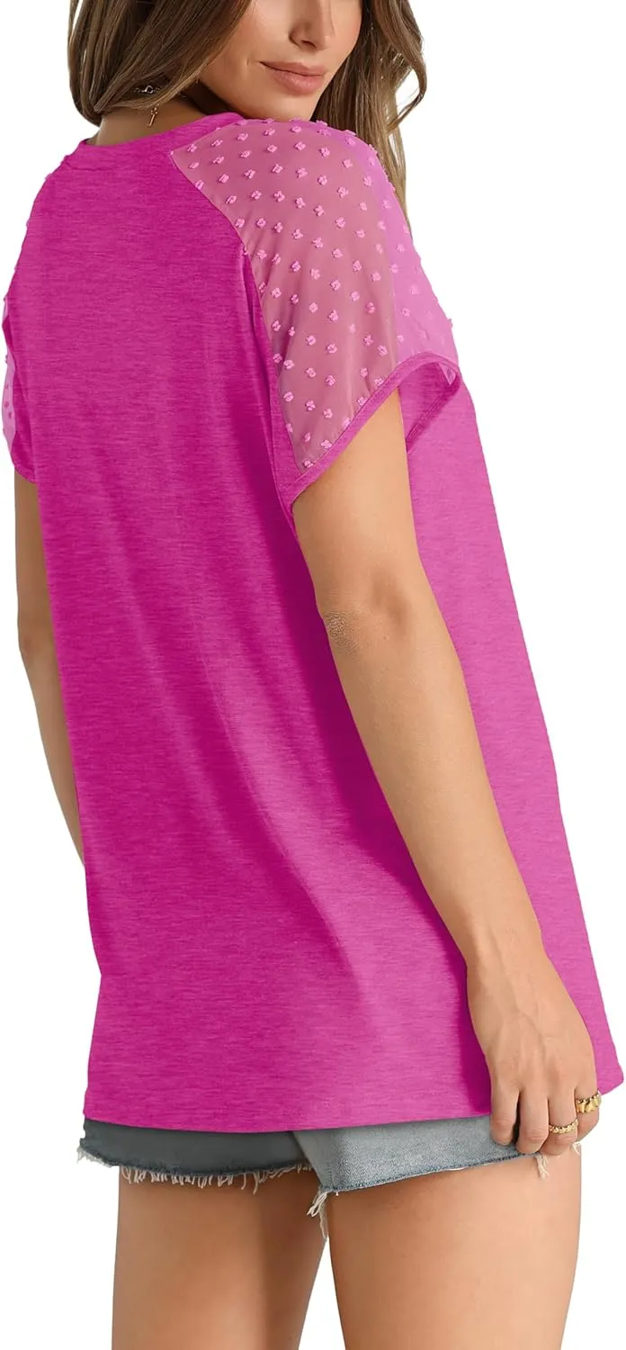 WIHOLL Summer Tops for Women V Neck T-Shirts Swiss Dot Short Sleeve Shirts Casual Fashion Blouses