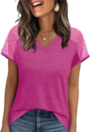 WIHOLL Summer Tops for Women V Neck T-Shirts Swiss Dot Short Sleeve Shirts Casual Fashion Blouses