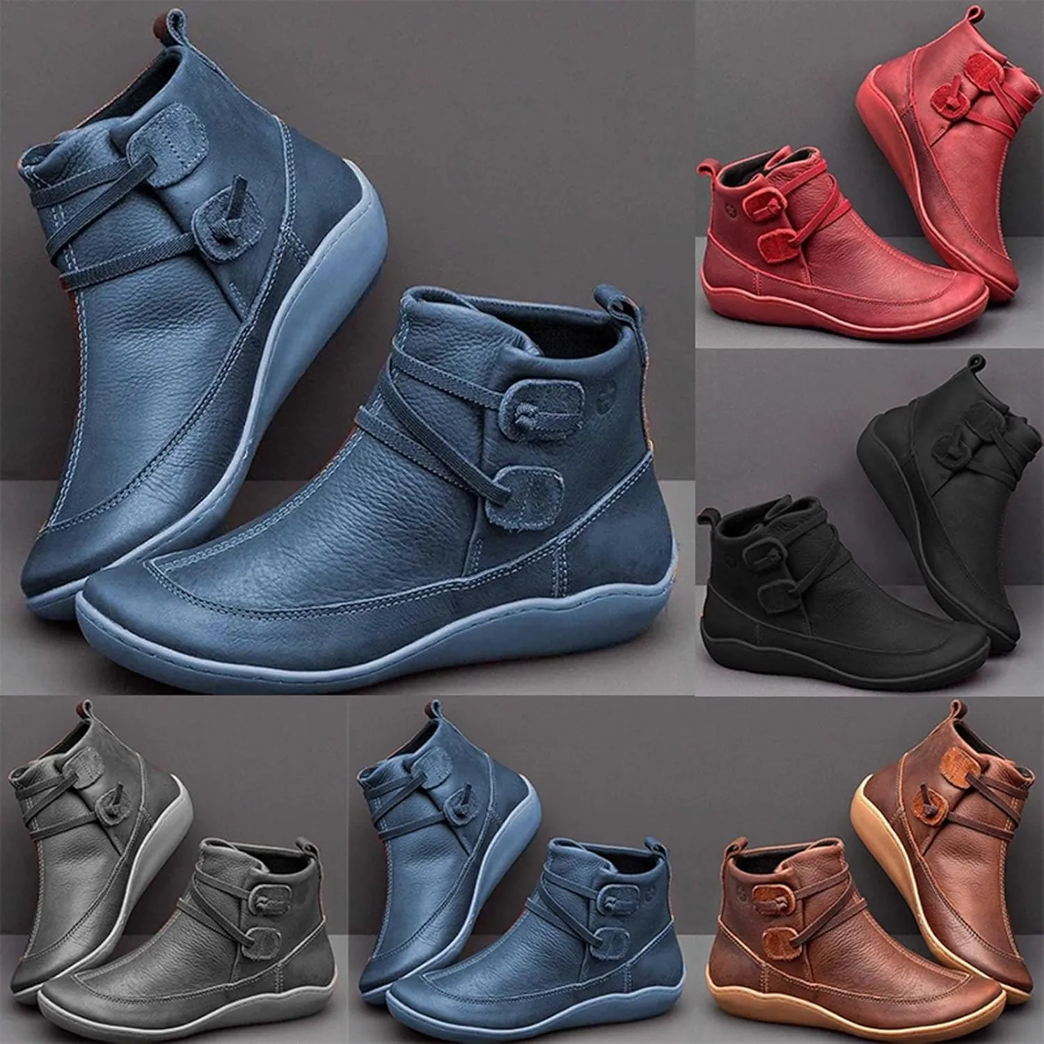 Winter Boots for Women Ankle Brown Leather Booties Women's Flat Ankle Boots Womens Black Boot Fashion Round Toe Low Heel Comfortable Pointed Toe