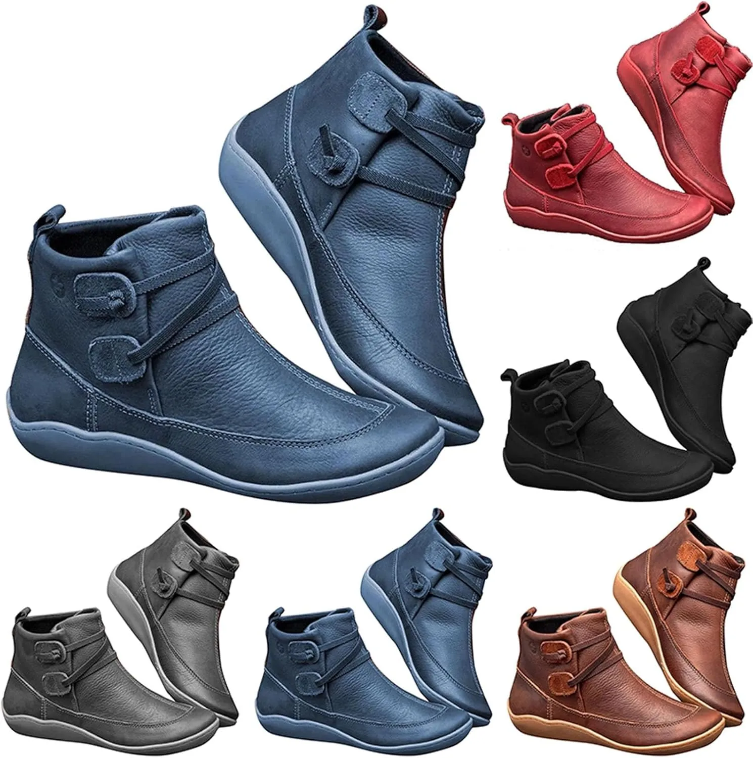 Winter Boots for Women Ankle Brown Leather Booties Women's Flat Ankle Boots Womens Black Boot Fashion Round Toe Low Heel Comfortable Pointed Toe