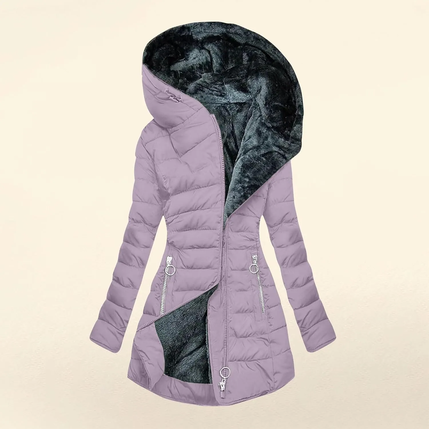 Winter Coat for Women - Fleece Lined Hooded Puffer Jacket With Long Sleeve, Fur Trim, Full Zip, Thicken Parka