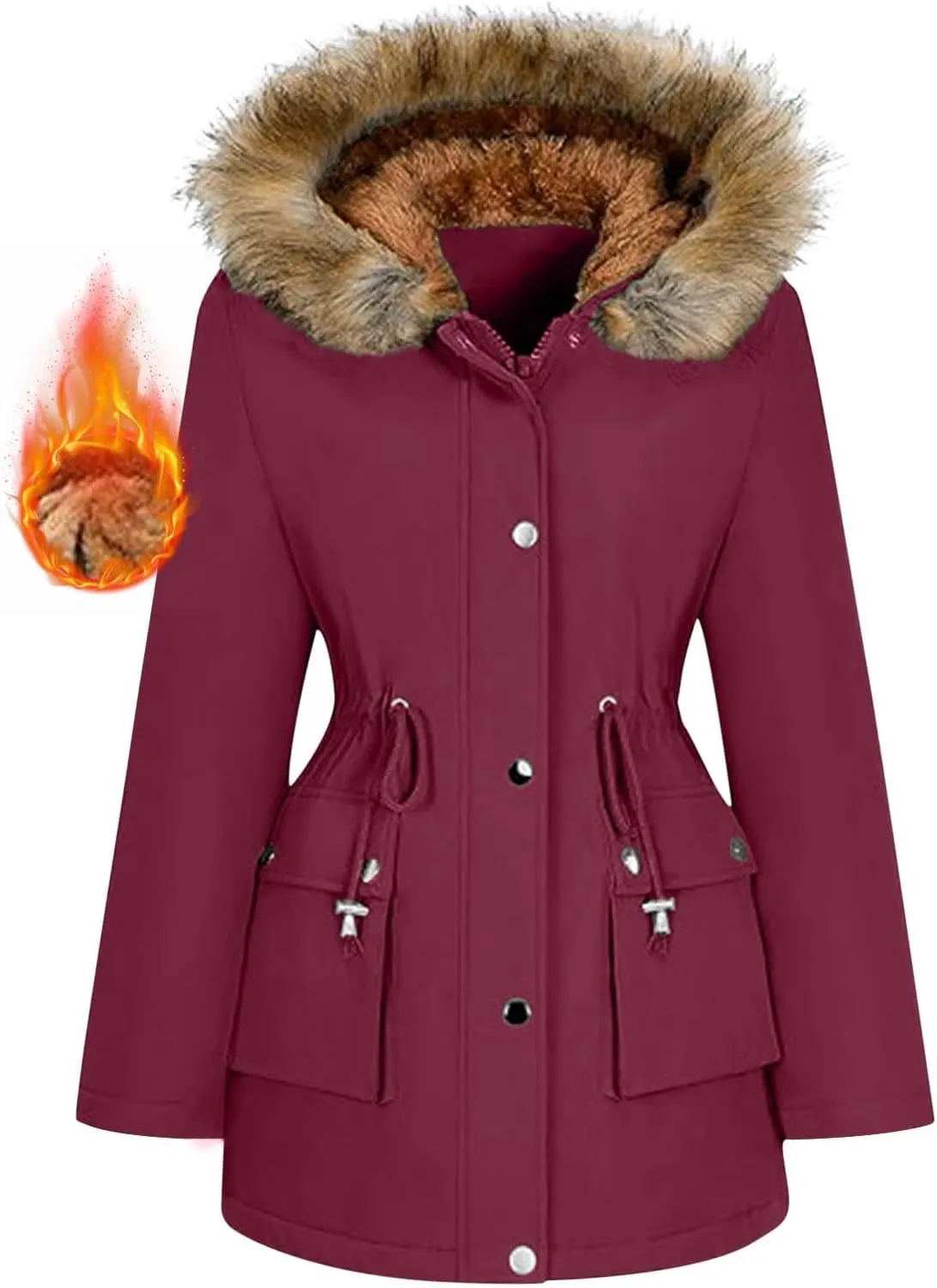 Winter Coats for Women Water Resistant Jacket Windproof Warm Parkas Thicken Fleece Lined Outwear with Fur Hood