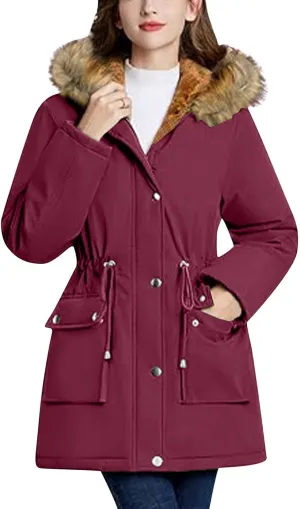 Winter Coats for Women Water Resistant Jacket Windproof Warm Parkas Thicken Fleece Lined Outwear with Fur Hood