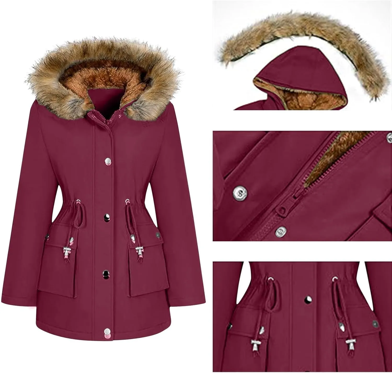 Winter Coats for Women Water Resistant Jacket Windproof Warm Parkas Thicken Fleece Lined Outwear with Fur Hood