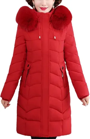 Winter Women Warm Middle Aged Women's Winter Coats Fur Collar Casual Cotton Padded Long Parkas Hooded