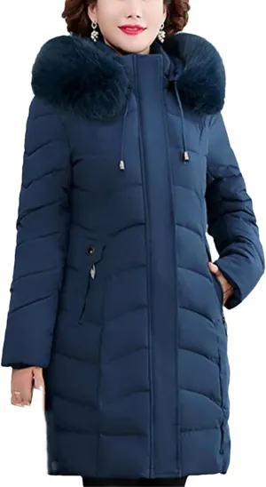Winter Women Warm Middle Aged Women's Winter Coats Fur Collar Casual Cotton Padded Long Parkas Hooded