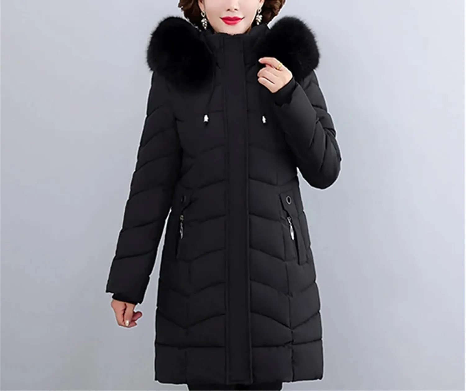 Winter Women Warm Middle Aged Women's Winter Coats Fur Collar Casual Cotton Padded Long Parkas Hooded