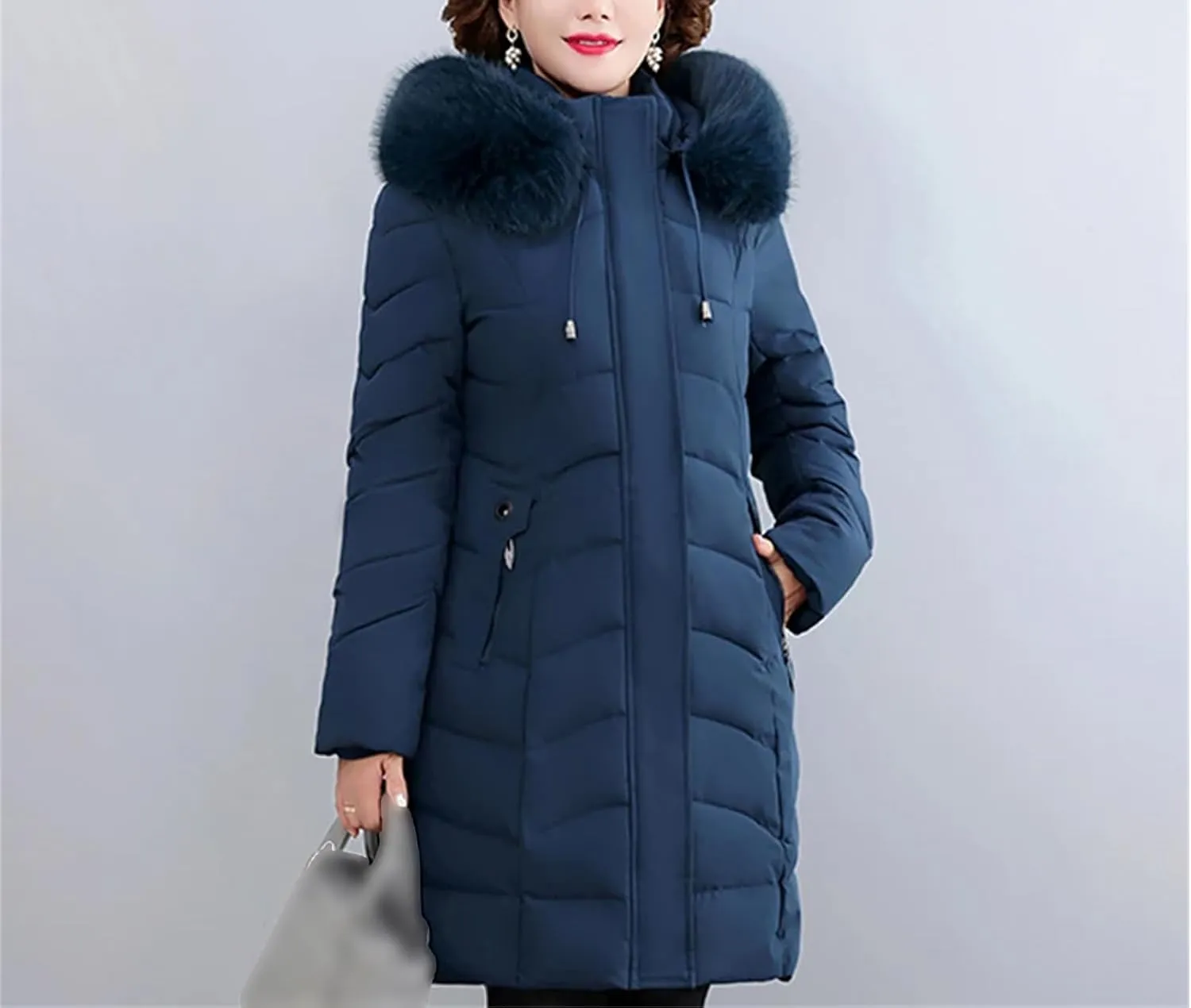 Winter Women Warm Middle Aged Women's Winter Coats Fur Collar Casual Cotton Padded Long Parkas Hooded