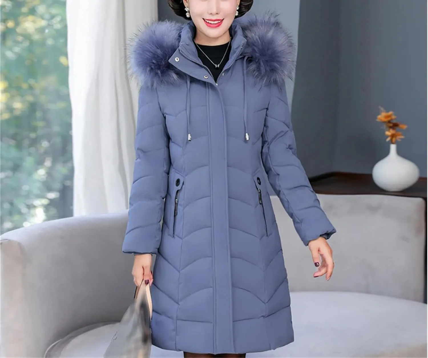 Winter Women Warm Middle Aged Women's Winter Coats Fur Collar Casual Cotton Padded Long Parkas Hooded