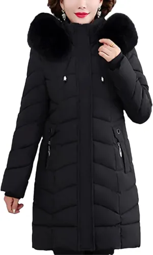 Winter Women Warm Middle Aged Women's Winter Coats Fur Collar Casual Cotton Padded Long Parkas Hooded