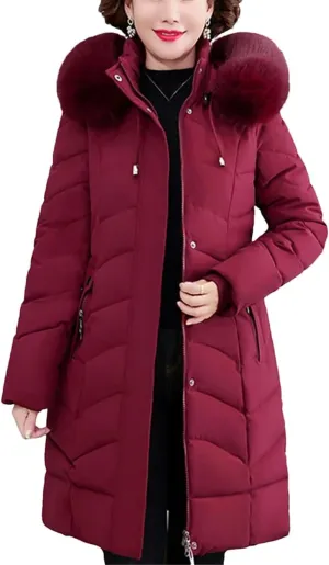 Winter Women Warm Middle Aged Women's Winter Coats Fur Collar Casual Cotton Padded Long Parkas Hooded