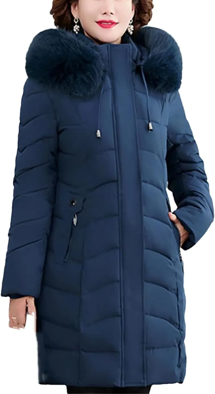 Winter Women Warm Middle Aged Women's Winter Coats Fur Collar Casual Cotton Padded Long Parkas Hooded