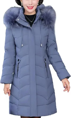 Winter Women Warm Middle Aged Women's Winter Coats Fur Collar Casual Cotton Padded Long Parkas Hooded
