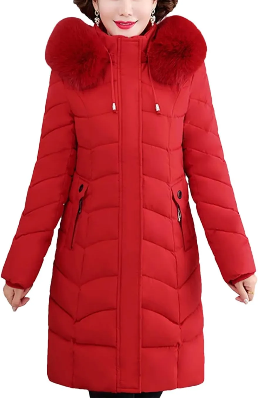 Winter Women Warm Middle Aged Women's Winter Coats Fur Collar Casual Cotton Padded Long Parkas Hooded