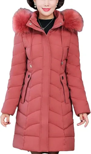 Winter Women Warm Middle Aged Women's Winter Coats Fur Collar Casual Cotton Padded Long Parkas Hooded