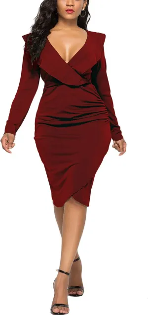 WIWIQS Women's Sexy V Neck Bodycon Long Sleeve Ruffle Dress Front Slit Bandage Plus Size Midi Club Dresses