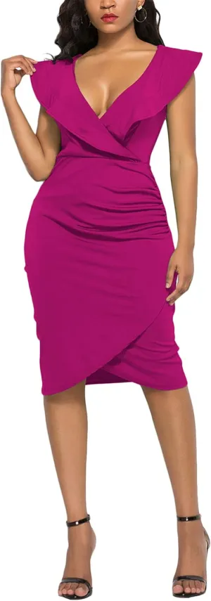 WIWIQS Women's Sexy V Neck Bodycon Long Sleeve/Sleeveless Ruffle Dress Front Slit Bandage Plus Size Midi Club Dresses
