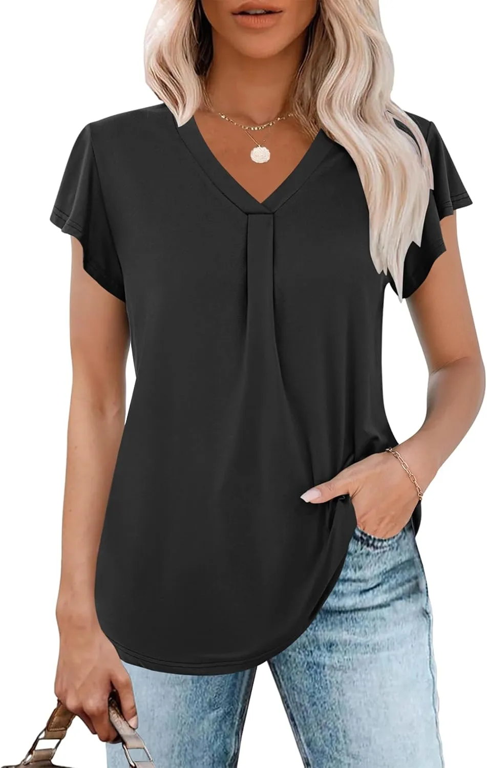 WNEEDU Women's Summer Tops Ruffle Sleeve V Neck Tunic Tops Casual Loose Fit Shirts Blouses