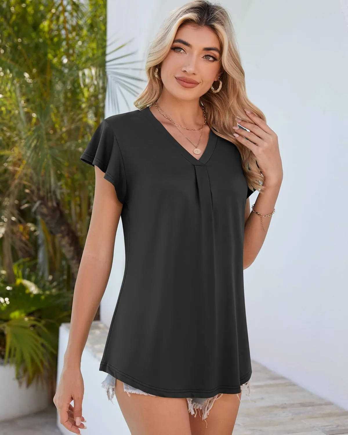 WNEEDU Women's Summer Tops Ruffle Sleeve V Neck Tunic Tops Casual Loose Fit Shirts Blouses