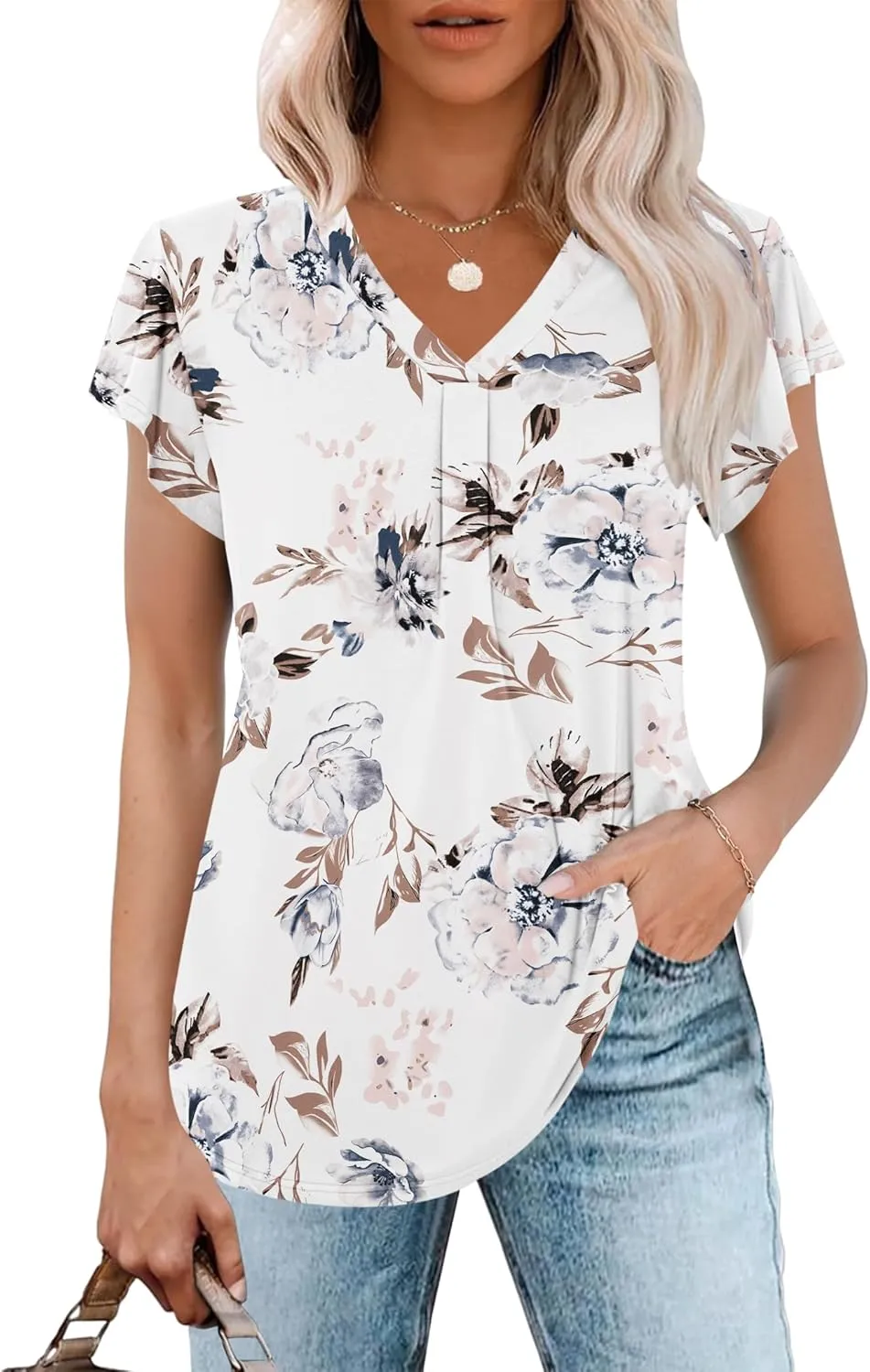 WNEEDU Women's Summer Tops Ruffle Sleeve V Neck Tunic Tops Casual Loose Fit Shirts Blouses