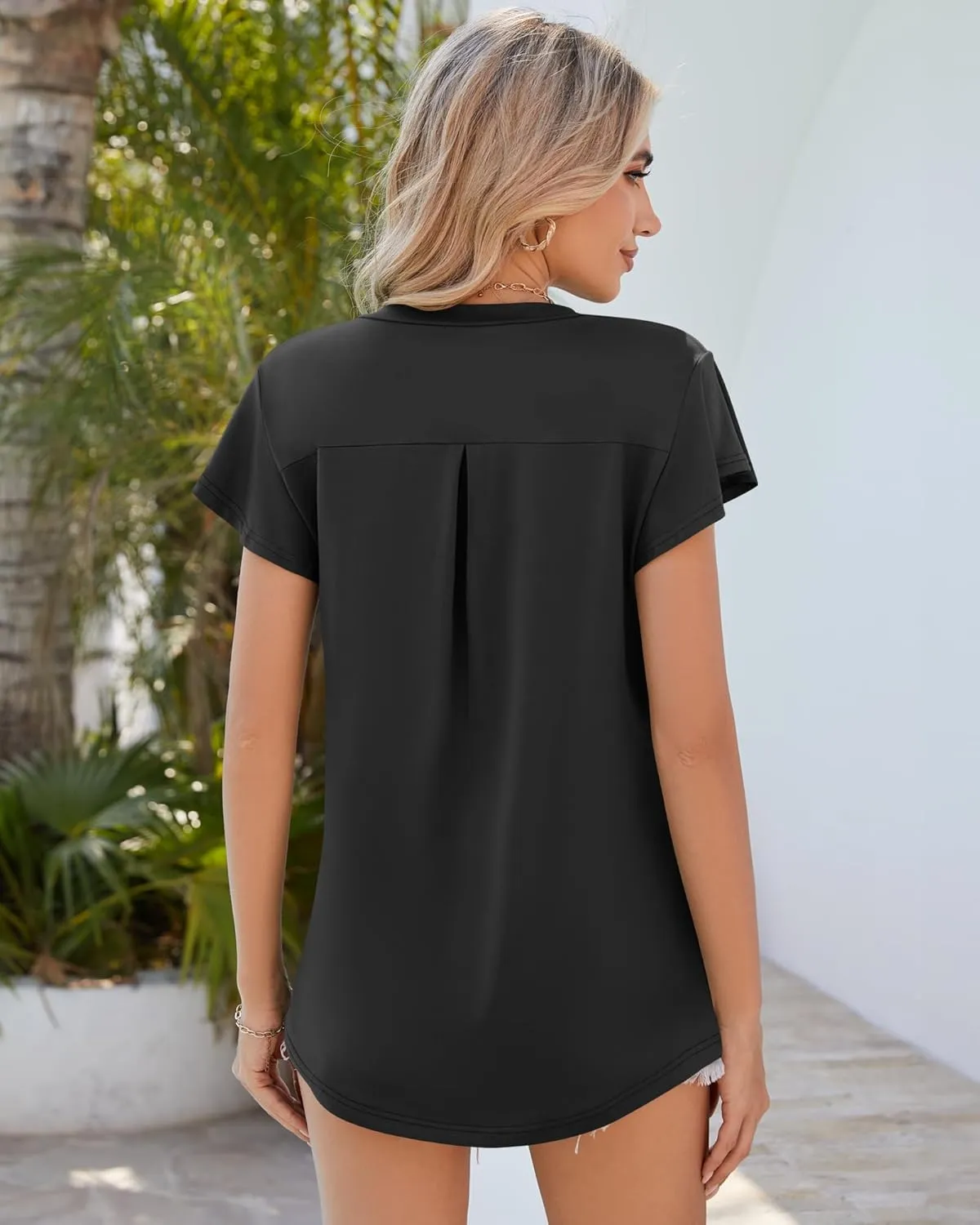 WNEEDU Women's Summer Tops Ruffle Sleeve V Neck Tunic Tops Casual Loose Fit Shirts Blouses