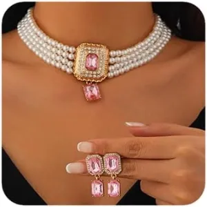 Women Boho 1920s Pearls Choker Necklaces Earrings Set Gold Silver Green Pearls Layered Choker Necklaces Black Multilayer Rhinestones Layering Necklaces for Women