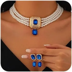 Women Boho 1920s Pearls Choker Necklaces Earrings Set Gold Silver Green Pearls Layered Choker Necklaces Black Multilayer Rhinestones Layering Necklaces for Women