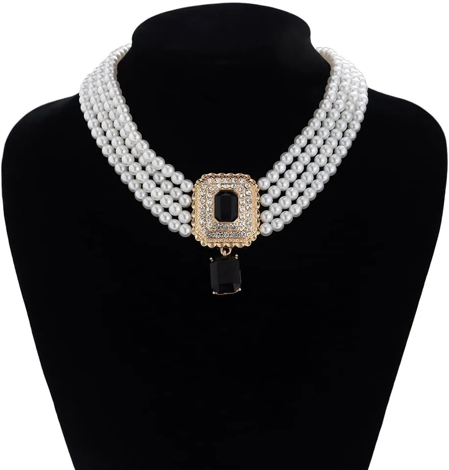 Women Boho 1920s Pearls Choker Necklaces Earrings Set Gold Silver Green Pearls Layered Choker Necklaces Black Multilayer Rhinestones Layering Necklaces for Women