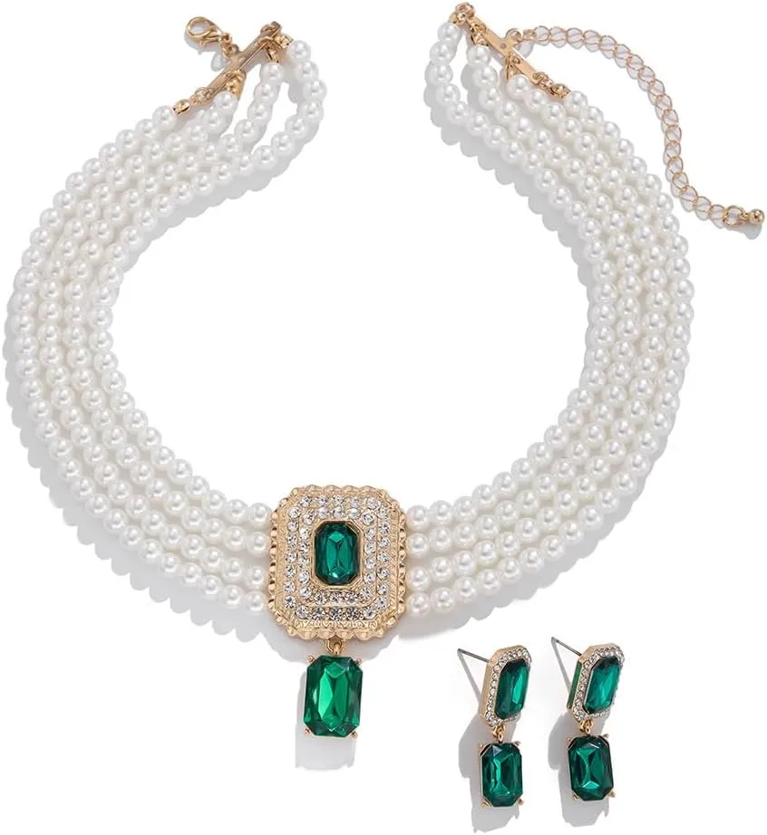 Women Boho 1920s Pearls Choker Necklaces Earrings Set Gold Silver Green Pearls Layered Choker Necklaces Black Multilayer Rhinestones Layering Necklaces for Women