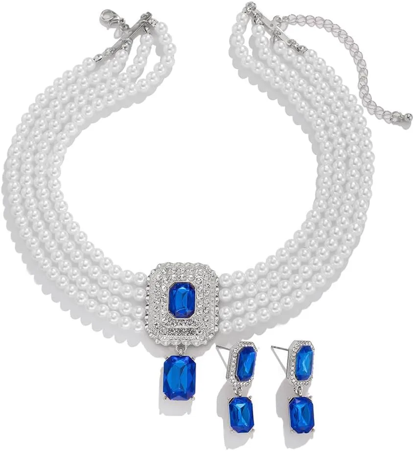 Women Boho 1920s Pearls Choker Necklaces Earrings Set Gold Silver Green Pearls Layered Choker Necklaces Black Multilayer Rhinestones Layering Necklaces for Women
