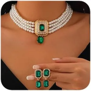 Women Boho 1920s Pearls Choker Necklaces Earrings Set Gold Silver Green Pearls Layered Choker Necklaces Black Multilayer Rhinestones Layering Necklaces for Women