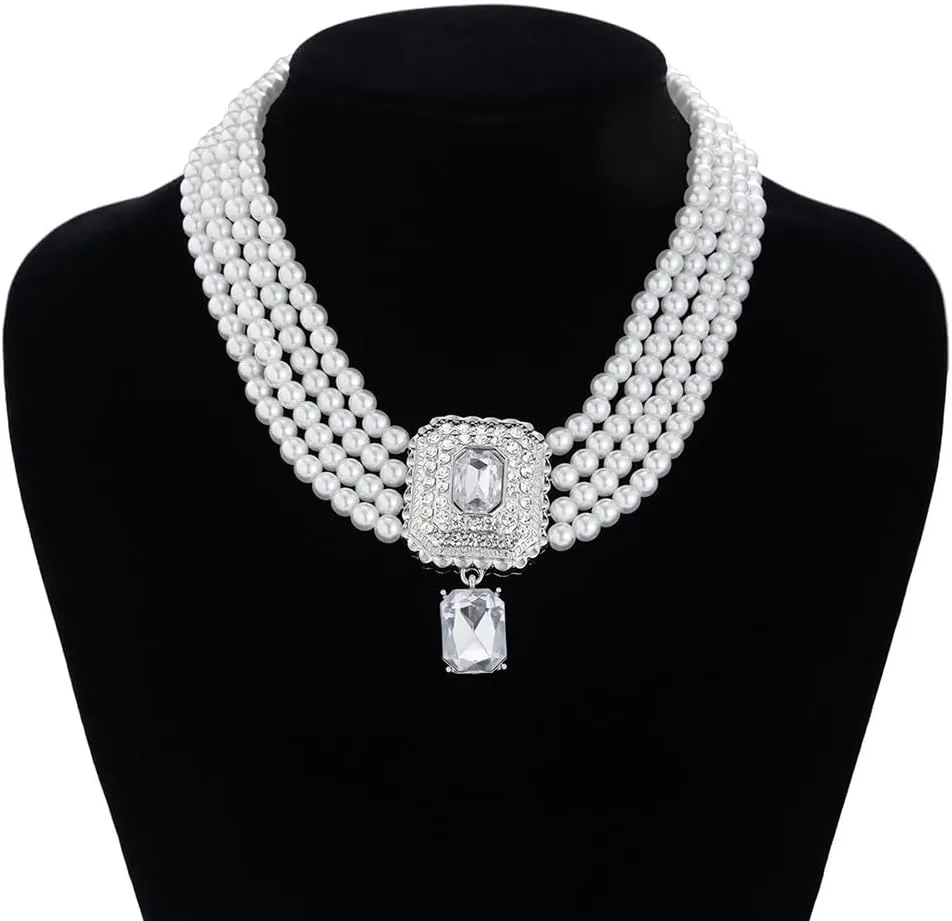 Women Boho 1920s Pearls Choker Necklaces Earrings Set Gold Silver Green Pearls Layered Choker Necklaces Black Multilayer Rhinestones Layering Necklaces for Women