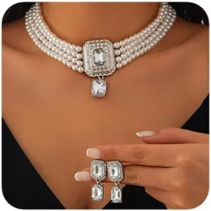 Women Boho 1920s Pearls Choker Necklaces Earrings Set Gold Silver Green Pearls Layered Choker Necklaces Black Multilayer Rhinestones Layering Necklaces for Women