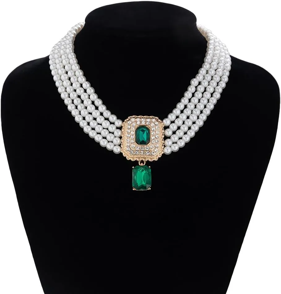 Women Boho 1920s Pearls Choker Necklaces Earrings Set Gold Silver Green Pearls Layered Choker Necklaces Black Multilayer Rhinestones Layering Necklaces for Women